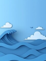 Paper cut wave and cloudscape in various shades of blue background