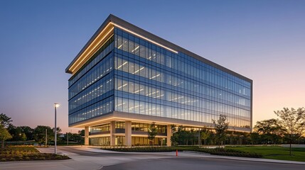 Modern Glass Office Building at Dusk Evening Light
