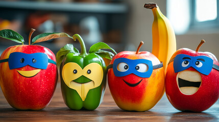 Superhero fruits vector fruity cartoon character of super hero expression vegetables with funny apple banana or pepper in mask illustration. Fruitful vegetarian diet background