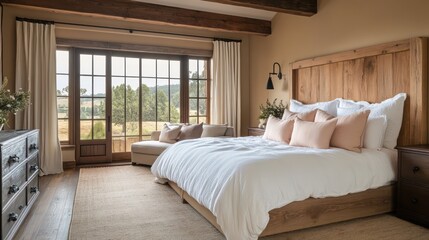 A warm rustic master bedroom with a large bed featuring a white comforter and soft blush-colored pillows