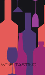 Vector design for poster, glasses. Banner dark background wine tasting, bottles of different types