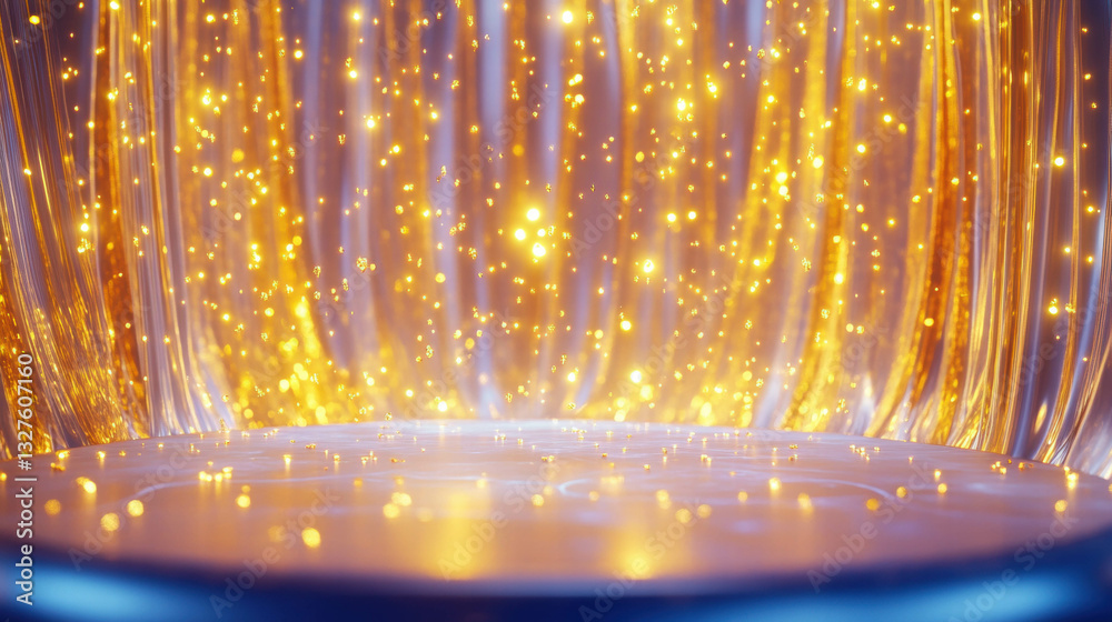Poster abstract background with illuminated podium and glowing particles for event and presentation design