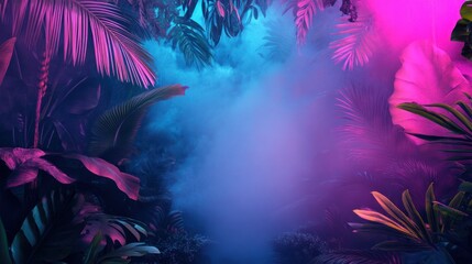 Fototapeta premium Neon Lit Tropical Plants Frame Background