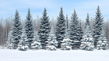 Fototapeta premium Snowy trees standing in a frozen field with bare woods against pale blue sky backdrop