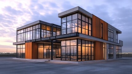 Obraz premium 3D rendering of a contemporary two-story house with a striking mix of warm wooden cladding, concrete elements, and steel beams