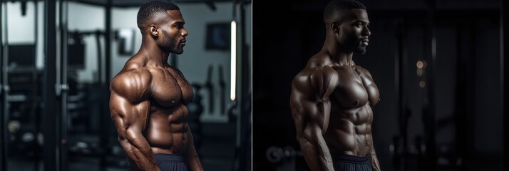 Fit transformation showcasing muscle gain and confidence in a gym setting in Saint Petersburg under cinematic lighting Generative AI