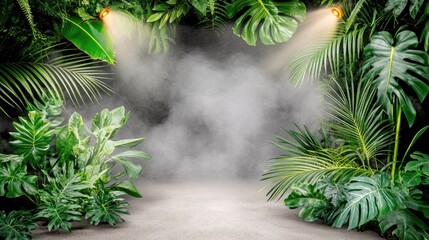 Obraz premium Fog drifts on sandy floor, lit by spotlights under lush tropical plant foliage background