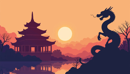 Fototapeta premium Silhouette of dragon against sunset with pagoda reflection