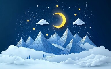 Fototapeta premium A mesmerizing blue monochrome scene with stylized mountains and fluffy clouds, evoking a peaceful and dreamlike ambiance beneath a starry sky