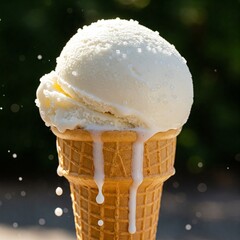 Melting vanilla ice cream cone with waffle cone close-up
