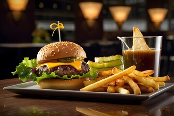 Delicious Gourmet Cheeseburger with Crispy Fries and Fresh Ingredients, Close-up of a hand holding a juicy burger with melted cheese, fresh lettuce, and tomato, accompanied by crispy potato wedges and