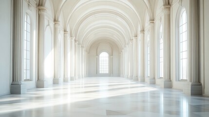 Fototapeta premium A bright, spacious hall with white marble floors, tall columns, and arched windows, creating an atmosphere of elegance and grandeur. Ideal for architecture, interior design, and event space themes.
