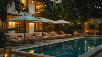 Of a Cozy boutique hotel pool with intimate seating areas, warm lights, and a peaceful garden setting