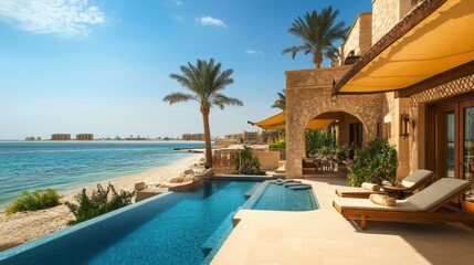 Fototapeta premium Of a Exclusive beachside villa with a private pool overlooking the ocean and a shaded terrace