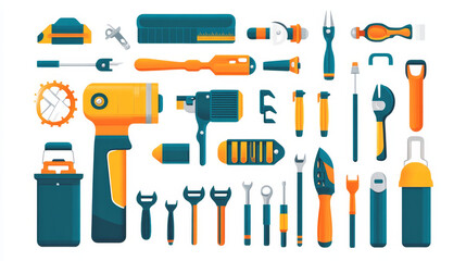 Fototapeta premium Home repair tools icons working construction equipment set and service worker macter man character flat style isolated on white background vector illustration.