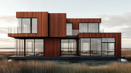 3D visualization of a contemporary two-story home with rich wooden cladding, modern steel details, and large glass windows