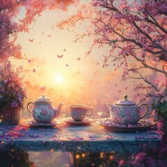 Fototapeta premium A beautiful floral teascape set under blossoming branches with butterflies