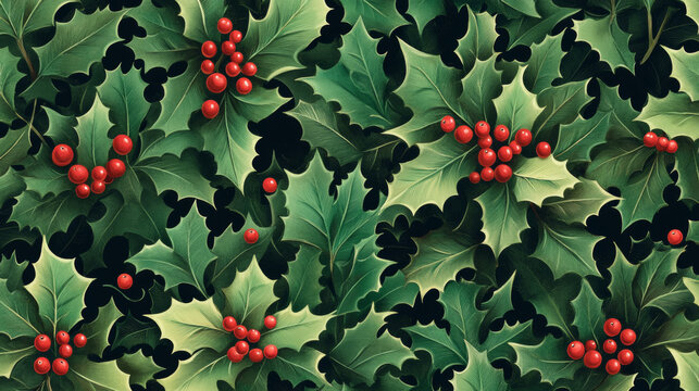 Christmas decorative leaves holly and branches with red berries evergreen winter flower floral plant seamless pattern background vector illustration