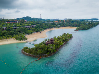 Sentosa island Palawan beach and Singapore panoramic view. Aerial drone view