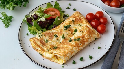 Fluffy French omelet with fresh herbs served on a minimalist table with salad and soft natural light