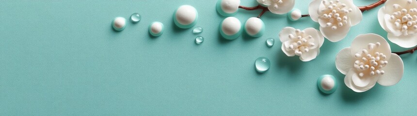 A peaceful teal canvas showcasing gentle leaves and droplets, fostering a serene and refreshing mood, suitable for nature-oriented designs or wellness products