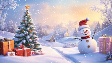 Fototapeta premium Winter holiday time set of banners, cards vector illustration. Nature landscape with Christmas tree, snowman lantern hat scarf, present. Happy New Year greetings. Winter.