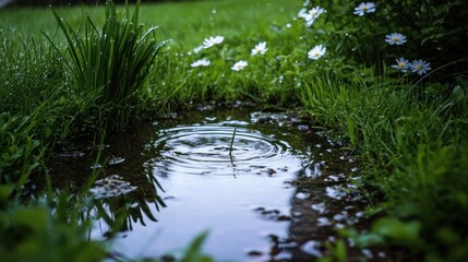Raindrops Ripple in Puddle Near Daisies and Grass