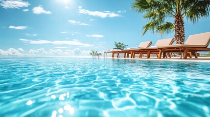 Obraz premium Of a Luxury hotel pool with crystal-clear water, surrounded by elegant lounge chairs and palm trees under a bright blue sky