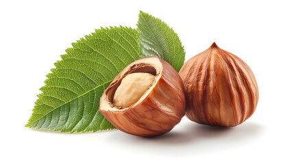 Hazelnuts with Leaves Isolated on White Background