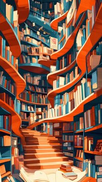 A fantastical library interior with curved shelves and stairs