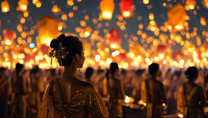 Songkran night scene, thousands of glowing lanterns floating into the sky, traditional Thai dancers performing in golden silk outfits, beautifully lit temple, pray and light, blessings, new year