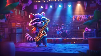 Raccoon Plays Saxophone On Stage With Band