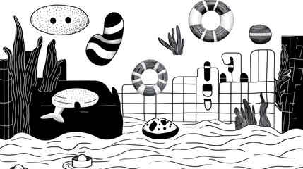 A minimalist black and white vector graphic of a swimming pool area, featuring a variety of floating toys with distinct shapes and patterns, ideal for 