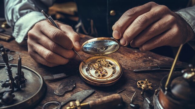 A skilled watchmaker carefully repairs an intricate antique pocket watch