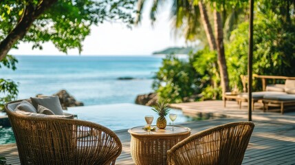 Obraz premium Of a Poolside lounge at a luxury beach resort, with stylish furniture, cocktails, and a relaxed tropical ambiance