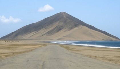 Road leads to sand dune mountain, calm ocean background