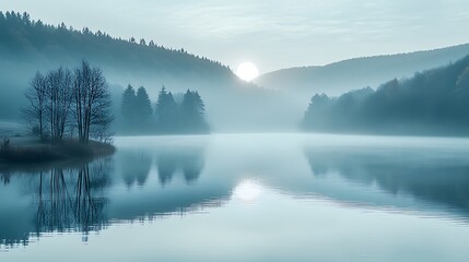 Fototapeta premium Tranquil Lake Sunrise Mist Nature Landscape