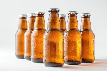 Refreshing craft beers lined up in amber bottles with condensation highlighting their chill on a bright surface