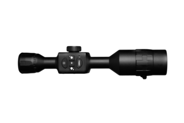 Black rifle scope with control buttons and power switch, suitable for tactical or precision shooting, isolated on a transparent back
