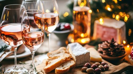 Fototapeta premium Delicious charcuterie board featuring cheese, olives, and wine glasses in a cozy, festive setting with warm lights in the background