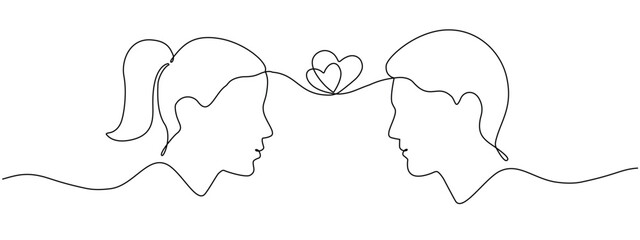 Continuous for one linear drawings of a female and male head with two hearts inside. Contour One Line, the concept of emotional connection, love vector editing illustration