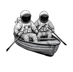 astronaut row boat engraving black and white outline