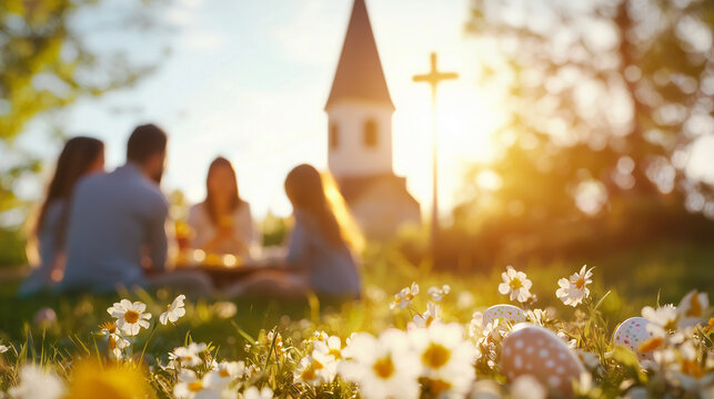 Easter picnic with family near a church under golden sunlight