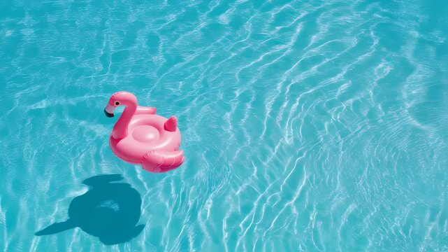 Pink flamingo float on clear turquoise swimming pool water with rippling surface. Summer recreation item for beach parties and tropical vacation relaxation. Copy space.