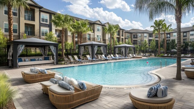 Of a Spacious pool deck with cabanas, plush seating, and a relaxed summer vibe at a five-star resort