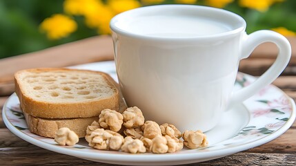 Milk, toast, snacks on plate outdoor