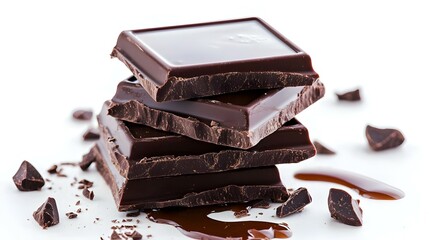 Dark Chocolate Pieces Stack Isolated on White Background