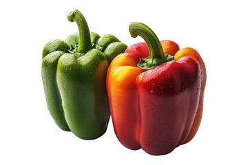 Fresh green, yellow, and red bell peppers covered in water droplets isolated on white transparent background. Concept of healthy eating, organic food, and freshness