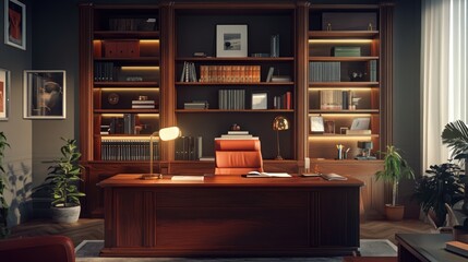Elegant home office with warm wooden furniture and bookshelves