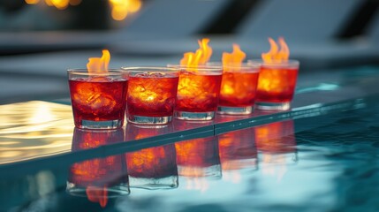 Of a Sunset cocktail set with fiery red and orange drinks, placed on a sleek glass-top table reflecting the glowing pool water
